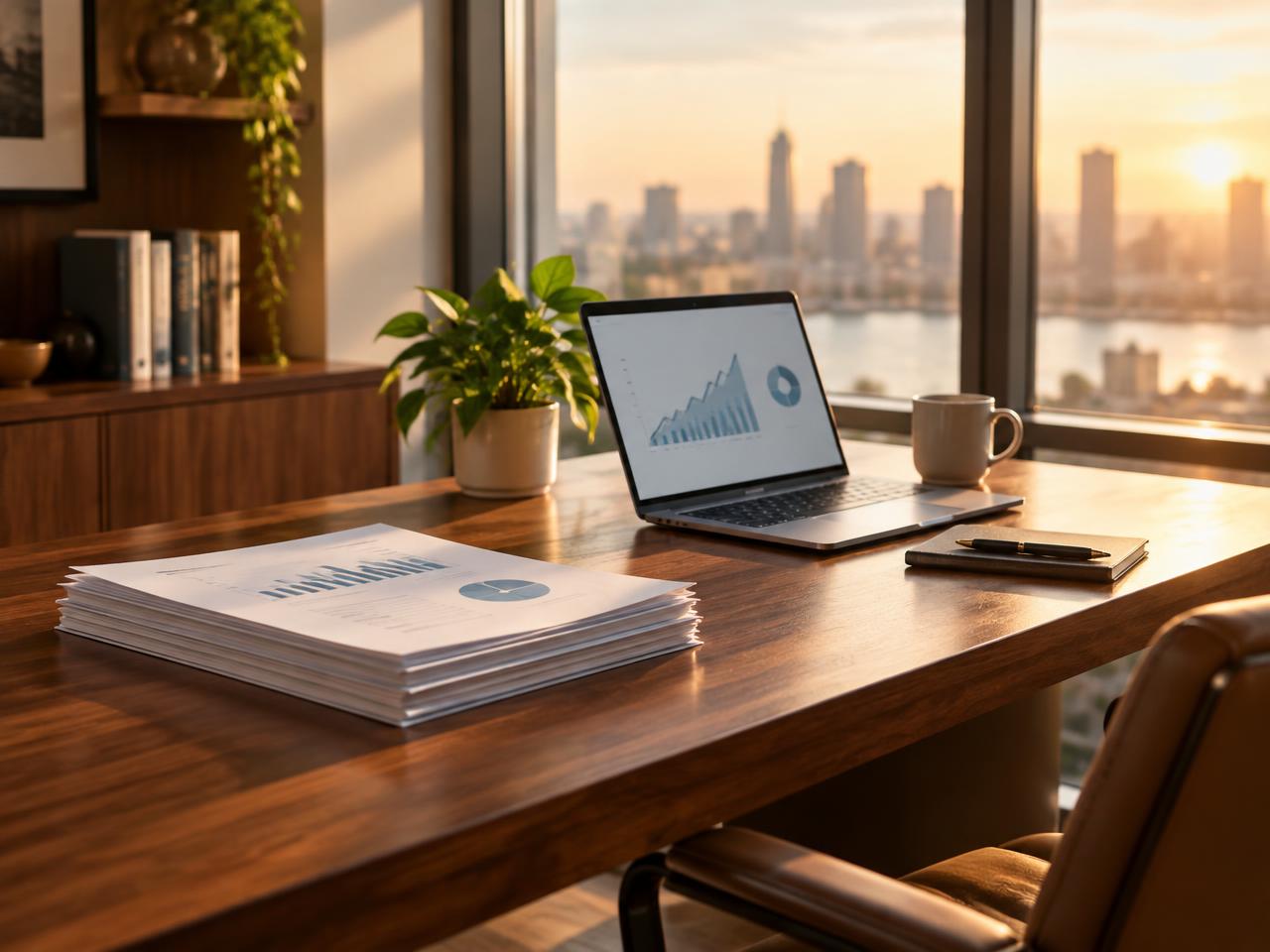 Mesa de trabalho em escritório com relatórios financeiros e laptop ao pôr do sol
